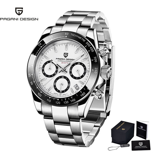 PAGANI DESIGN PD1644 Men's Chronograph Quartz Watches Rainbow Bezel Stainless Steel Sports Wristwatch SEIKO VK63 Movement, Sapphire Dial Glass