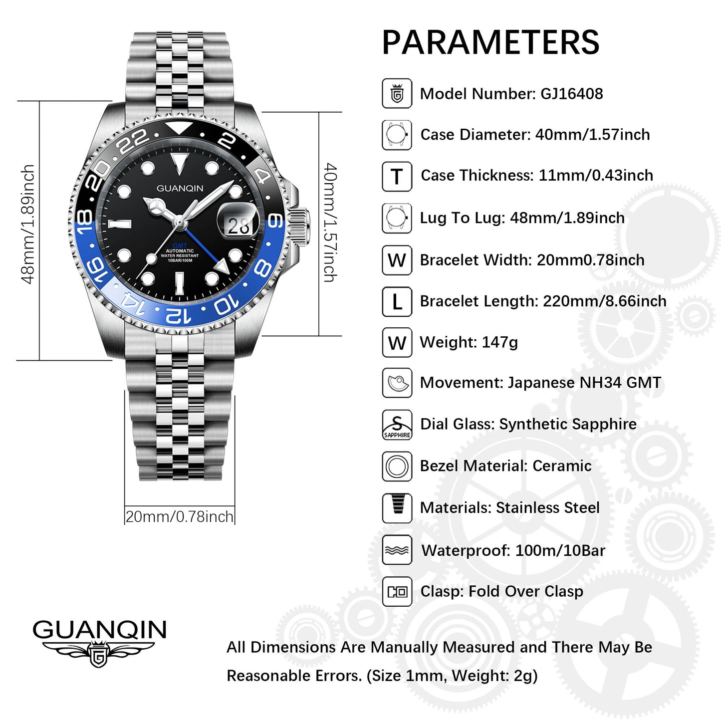 GUANQIN Men's Automatic Watches 40mm NH34 Stainless Steel Mechanical GMT Wrist Watch for Men 100M Waterproof Sapphire Dial Glass GJ16408