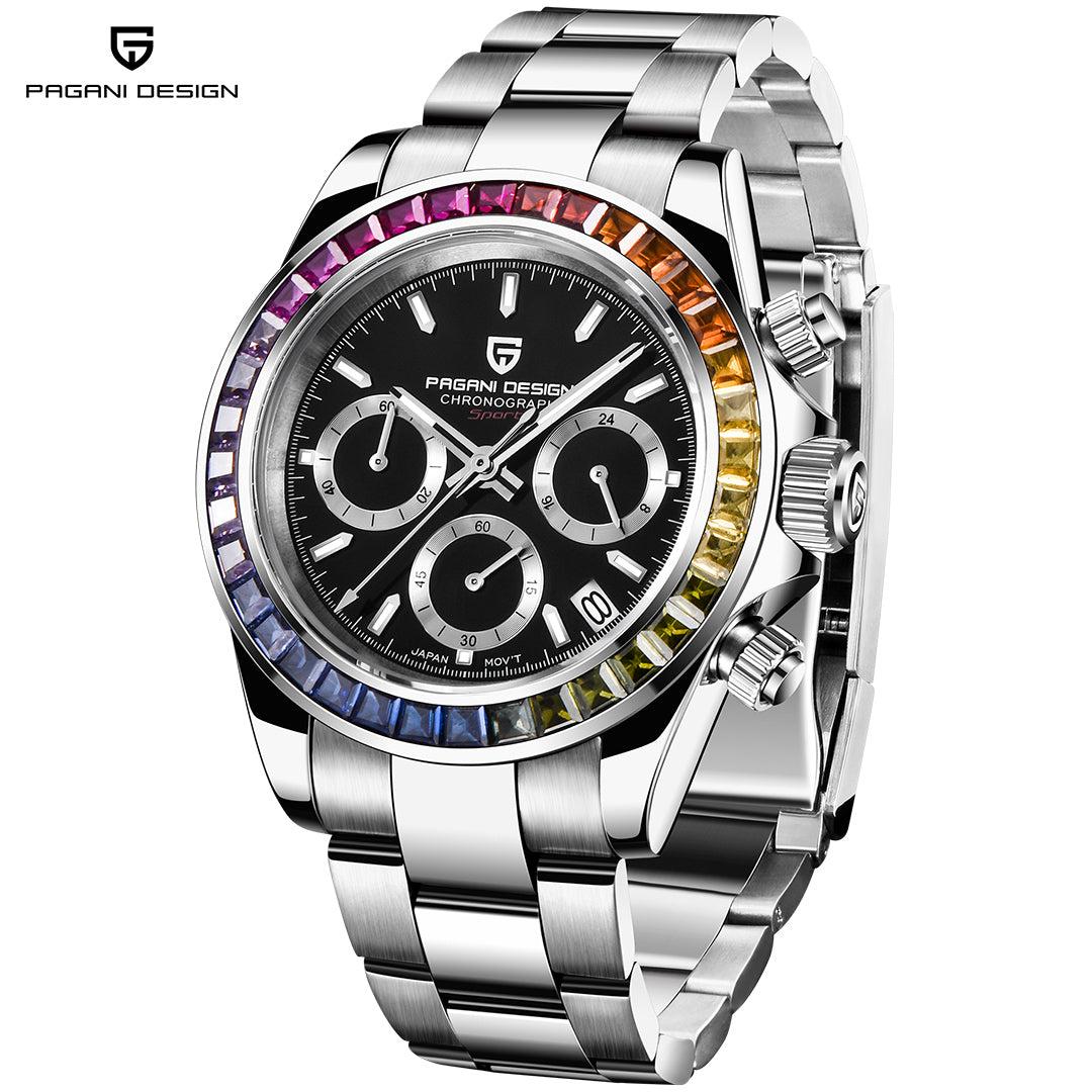 PAGANI DESIGN PD1644 Men's Chronograph Quartz Watches Rainbow Bezel Stainless Steel Sports Wristwatch SEIKO VK63 Movement, Sapphire Dial Glass