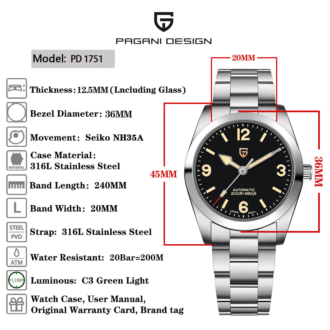 PAGANI DESIGN PD 1751 Men's Automatic Watches 36MM  Stainless Steel Mechanical Watches NH35 Sapphire AR Coating 20Bar Waterproof