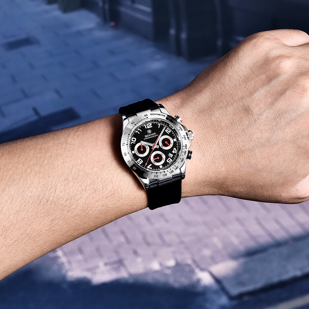 BENYAR BY 5192 Watch Men Sport Quartz Male Chronograph Calendar Top Brand Luxury 40MM Clock  Blue Rubber Military Business Wristwatch New