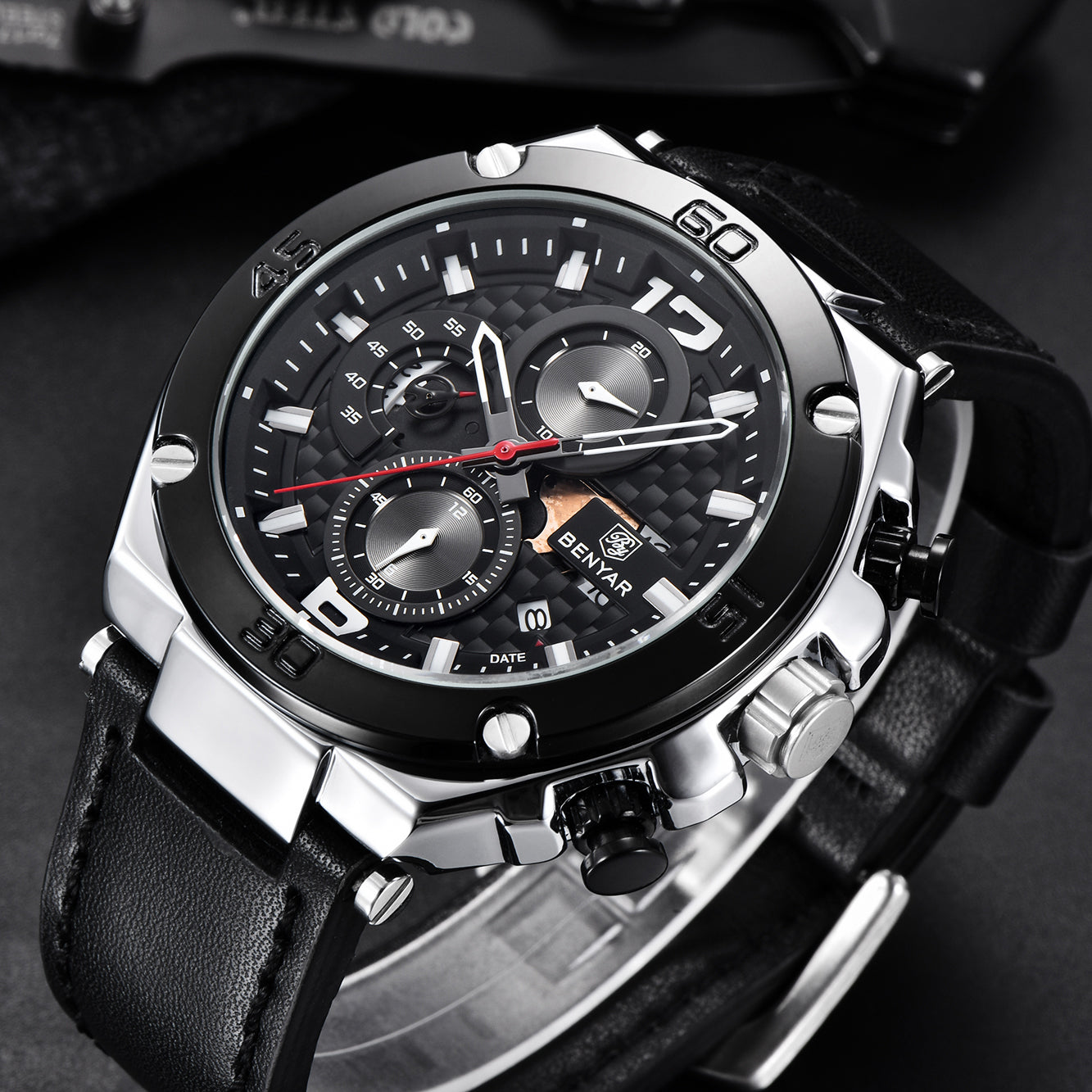 BENYAR BY 5151 Luxury Men Watch Leather Quartz Clock Fashion Chronograph Wristwatch  45MM Male Sport Military