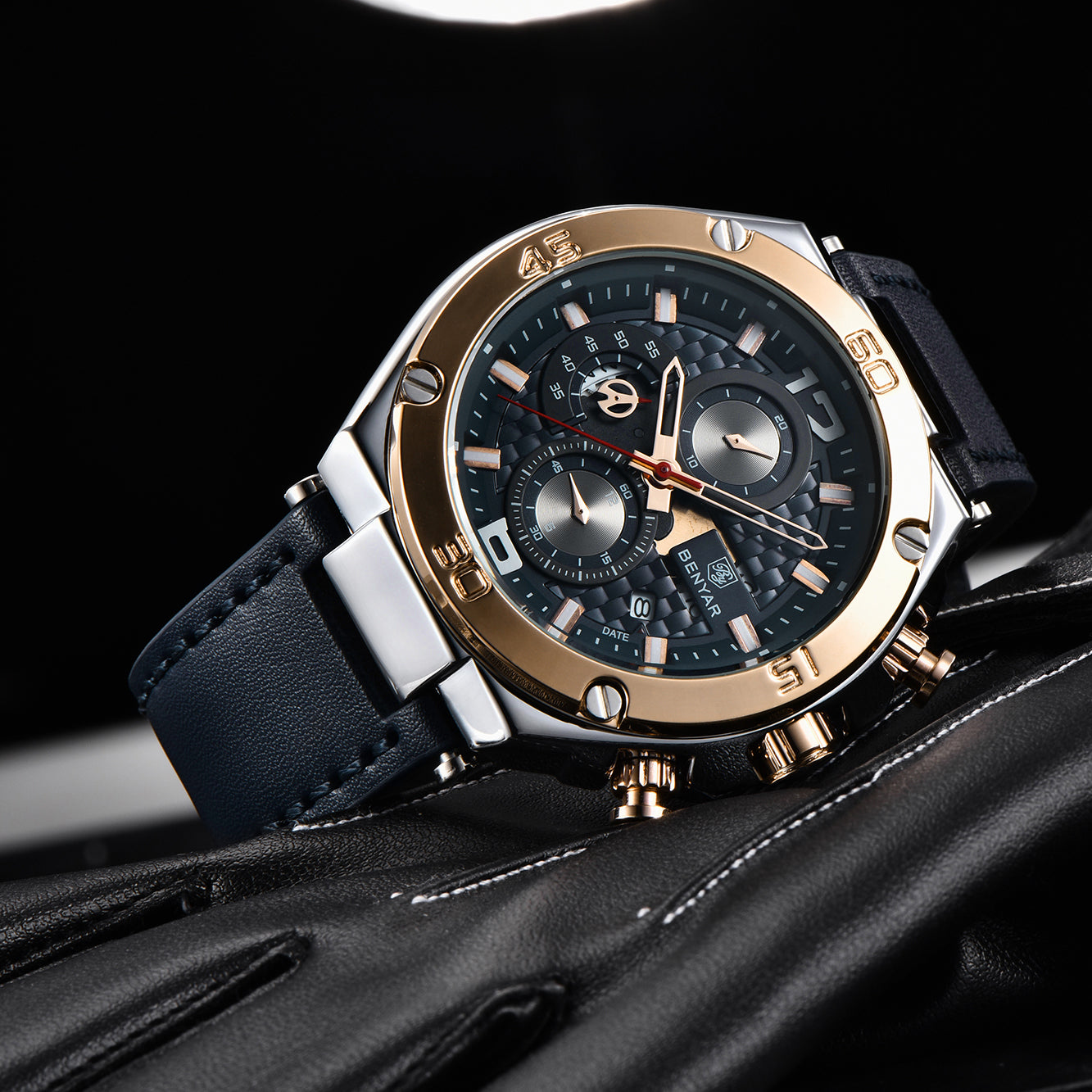 BENYAR BY 5151 Luxury Men Watch Leather Quartz Clock Fashion Chronograph Wristwatch  45MM Male Sport Military