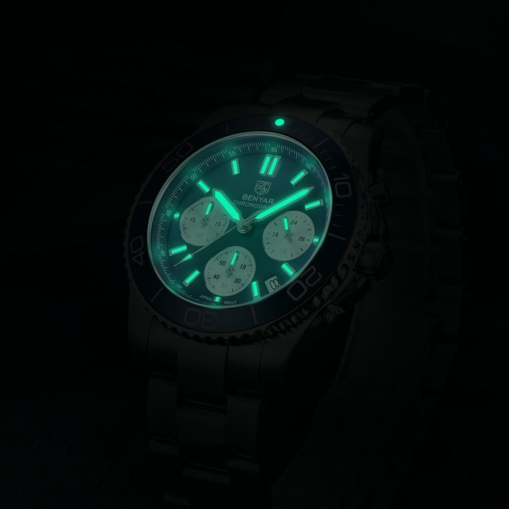 BENYAR BY S002 Male Wristwatch Chronograph Sport Date Sapphire Glass Top Brand Luxury Blue Clock 42MM  Stainless Steel Quartz Men Watch
