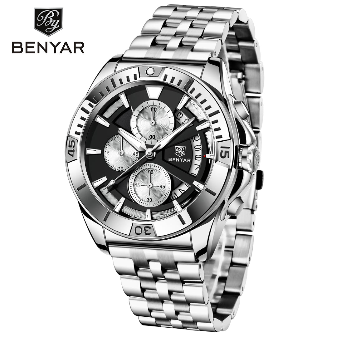 BENYAR BY 5180 New Watch Men Sport Quartz Male Chronograph Date Top Brand Luxury Clock 43MM Stainless Steel Military Business Wristwatch