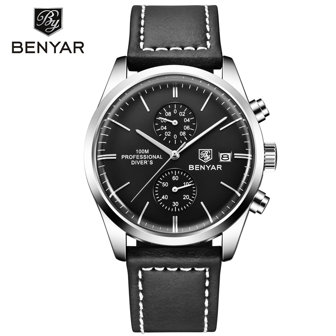 BENYAR BY 5187 New Quartz Multifunctional Leather Watch 42MM with men’s business and Leisure Calendar Watch