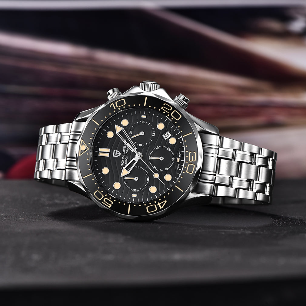 PAGANI DESIGN PD1713 Men's Quartz 42MM Stainless Steel Business Sports Chronograph Wristwatch Men's Sapphire Dial Glass Automatic Date