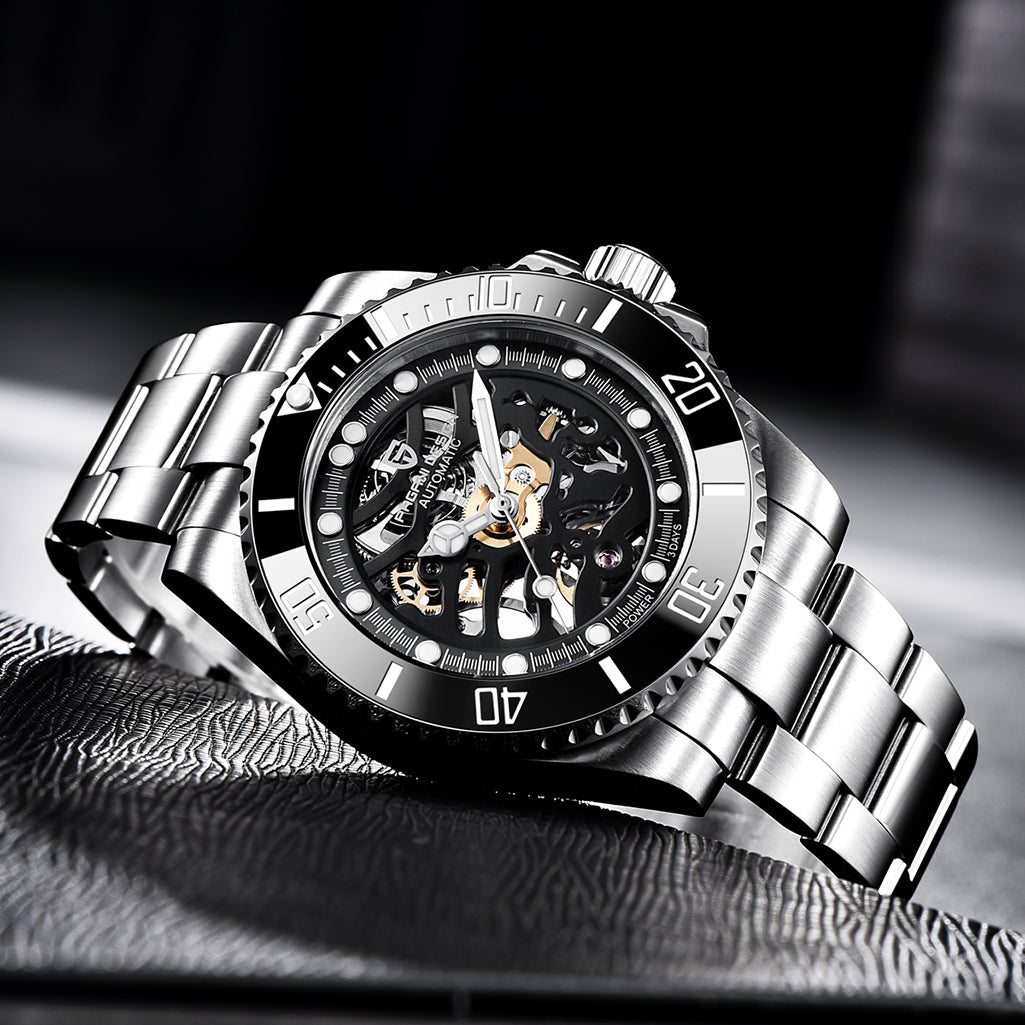 PAGANI DESIGN PD1659 Men's Watches Luxury Skeleton 42mm Automatic Wrist Watch for Men Full Stainless Steel Waterproof Watch with Sapphire Glass Ceramic Bezel