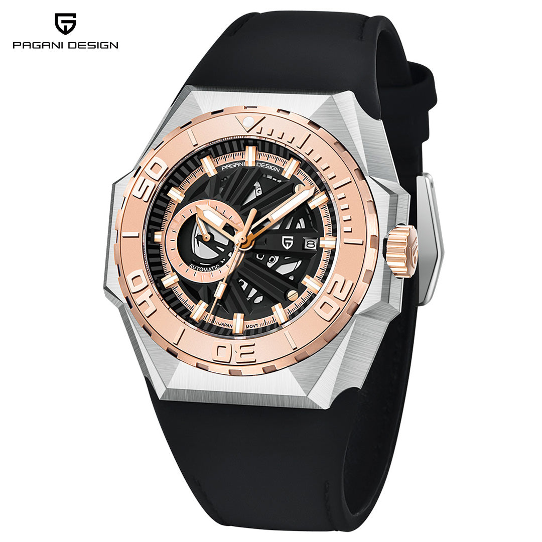 PAGANI DESIGN PD YS007 Men's Automatic Watches Skeleton Stainless Steel Mechanical Sports Watch with Leather Watchband Unique Watch Case Miyota 8217 Movt