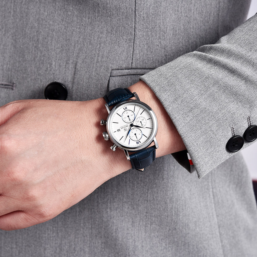 BENYAR BY 5196 Men Watch Chronograph Waterproof Sport Genuine Leather 41MM Male Wristwatch Top Brand Luxury Blue Military Business Clock