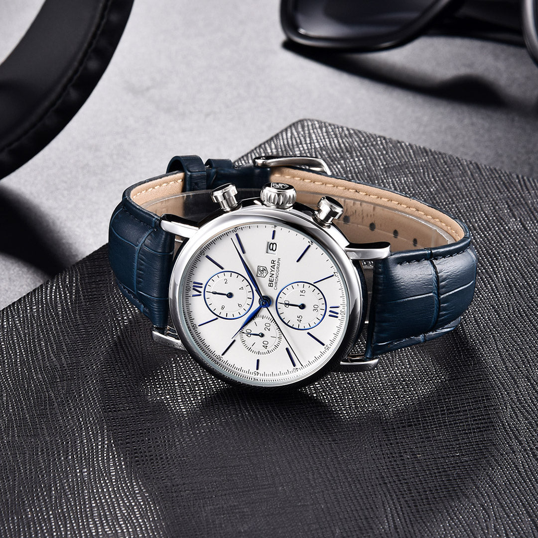 BENYAR BY 5196 Men Watch Chronograph Waterproof Sport Genuine Leather 41MM Male Wristwatch Top Brand Luxury Blue Military Business Clock